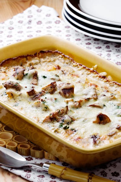 Keto fish casserole with mushrooms and French mustard