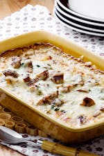 Keto fish casserole with mushrooms and French mustard