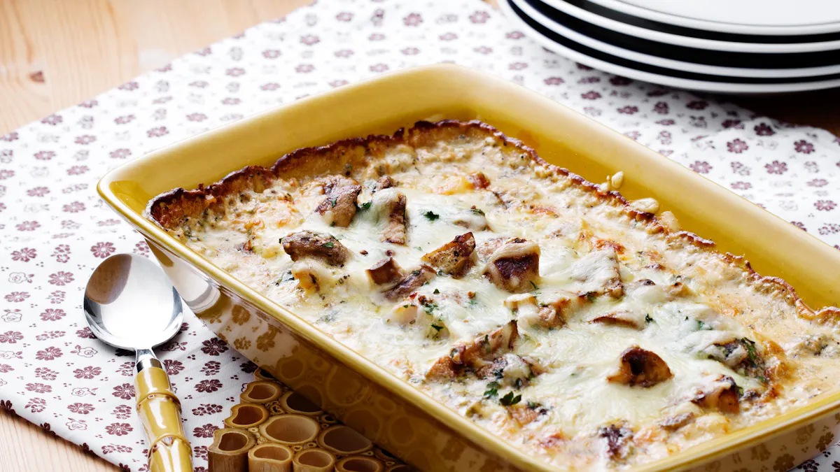 Keto fish casserole with mushrooms and French mustard