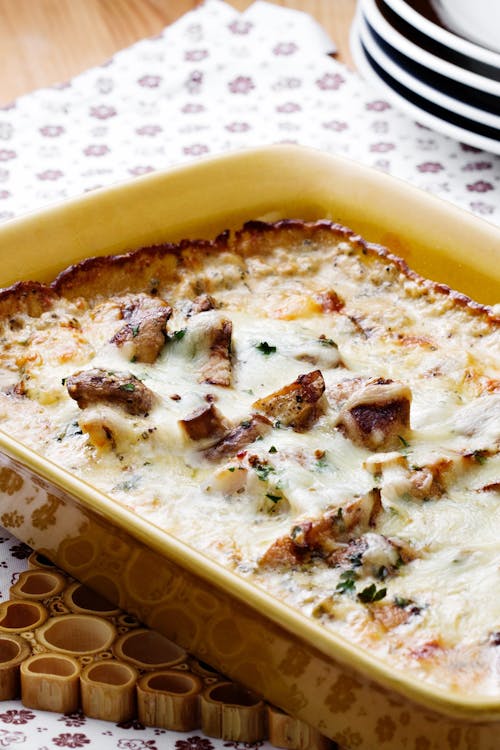 Keto fish casserole with mushrooms and French mustard