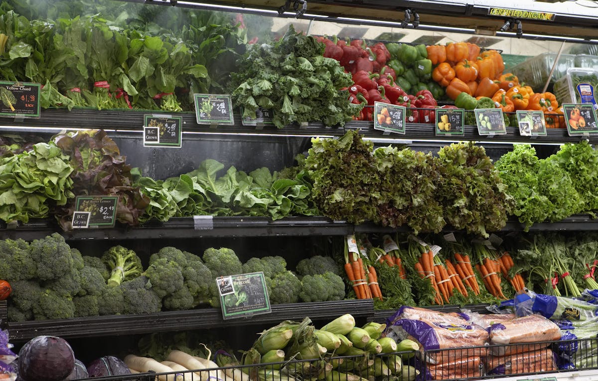 Produce aisle in supermarket, close-up