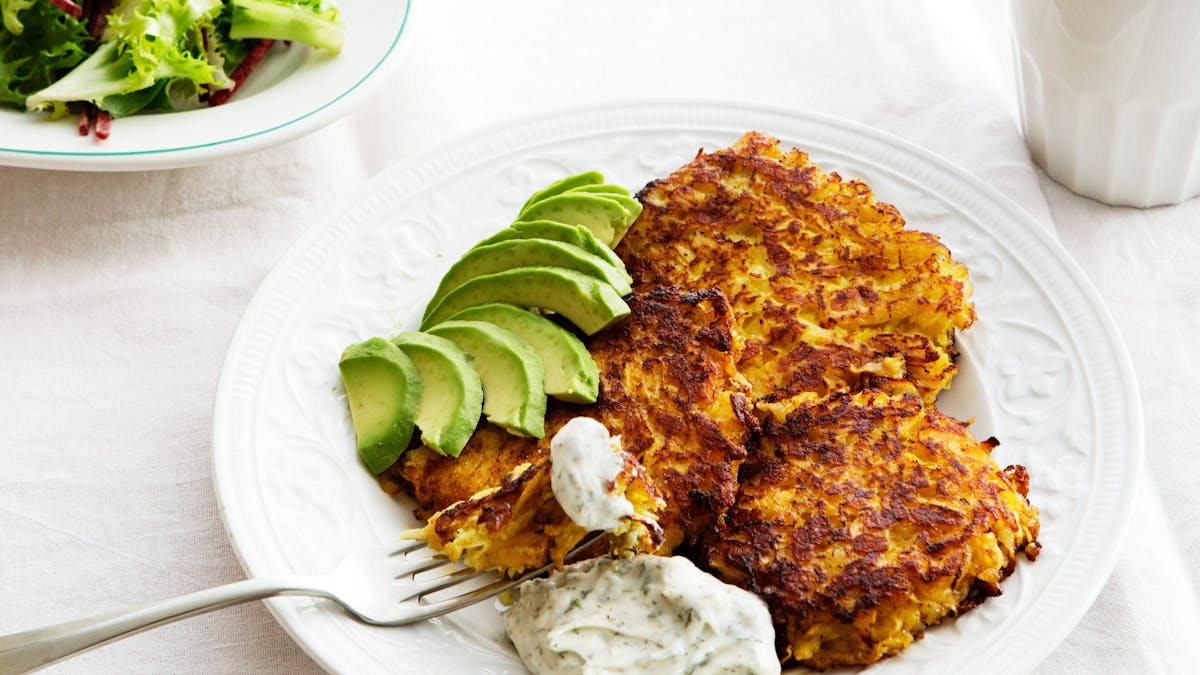 Low carb rutabaga fritters with avocado
