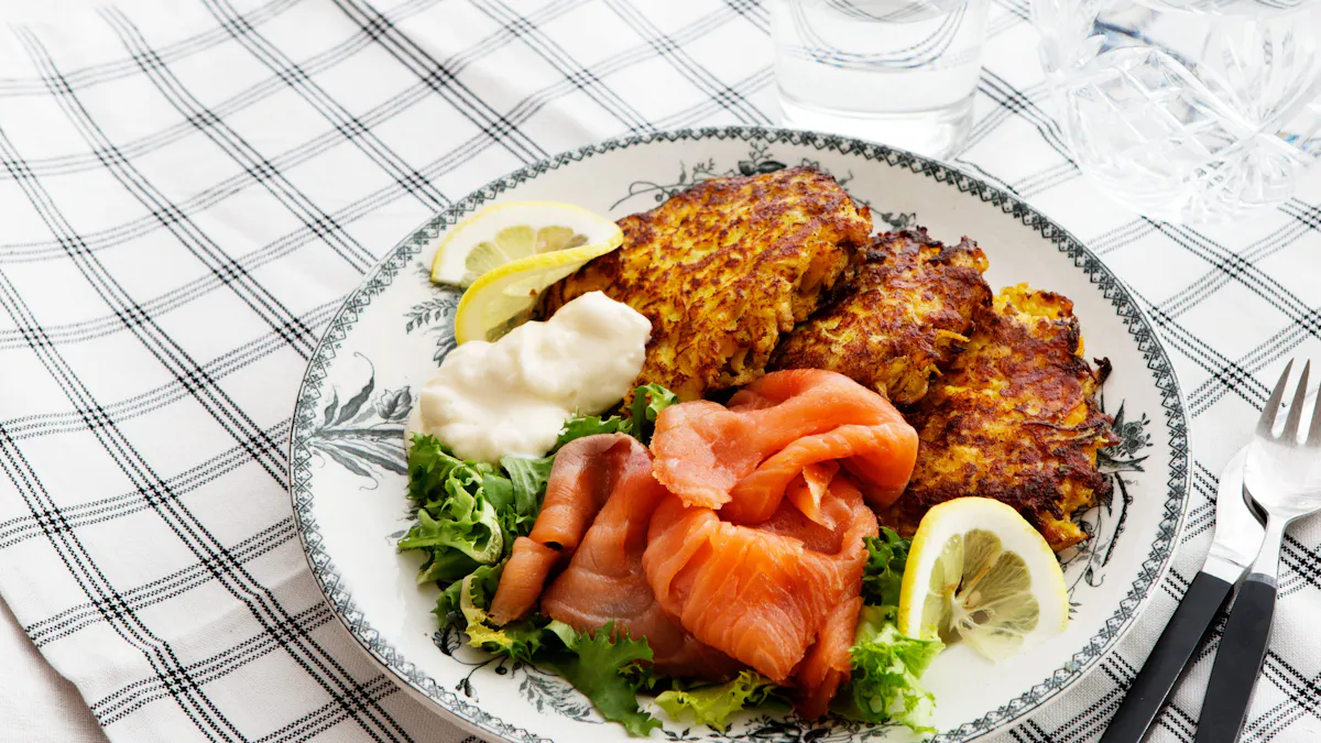 Rutabaga fritters with smoked salmon