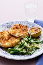 Breaded celery root with creamed garlic beans