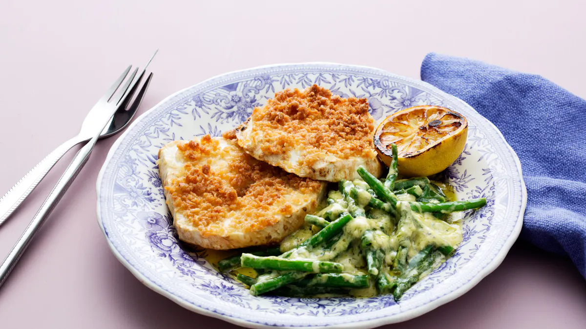 Breaded celery root with creamed garlic beans
