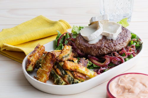 Keto goat cheese burger with zucchini fries