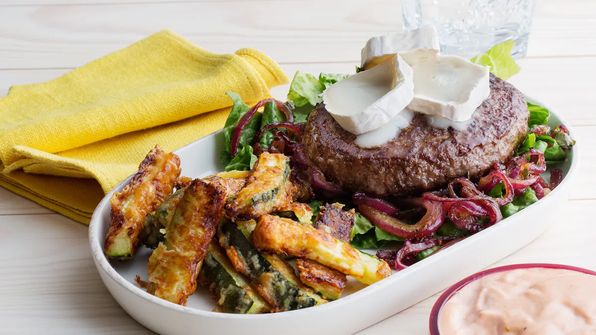 Keto goat cheese burger with zucchini fries