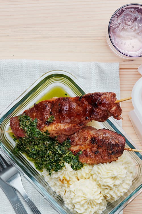 Keto pork skewers with mash and chimichurri