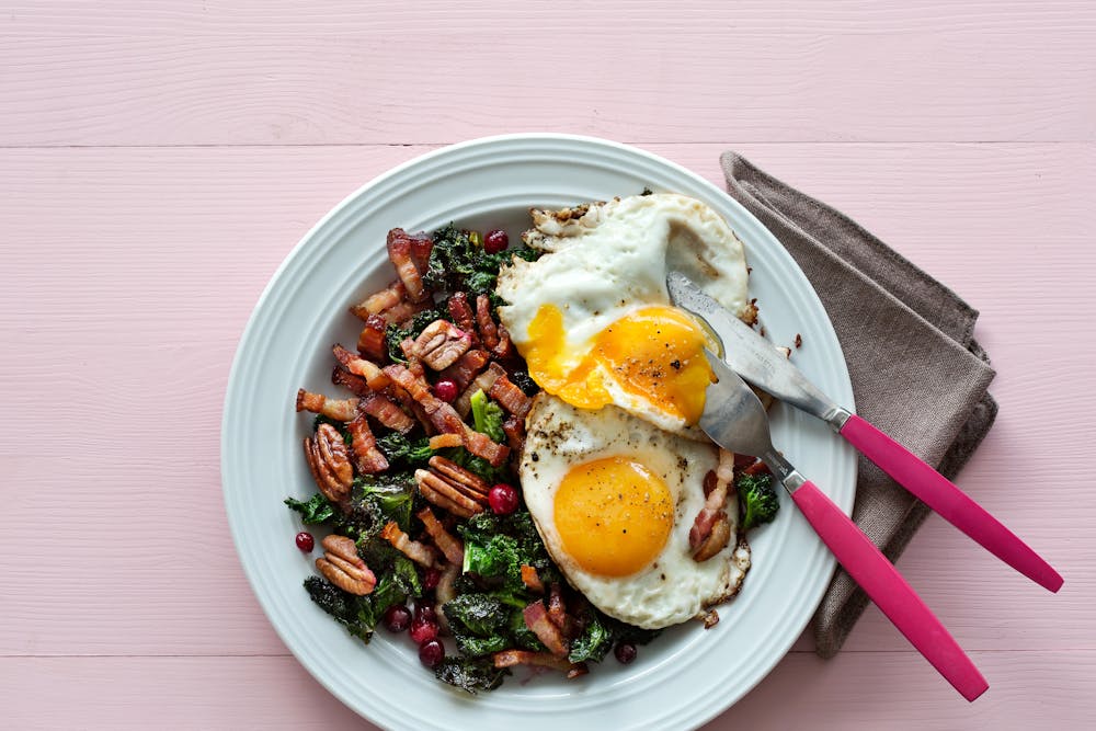 Keto Fried Eggs with Kale and Pork Recipe Diet Doctor