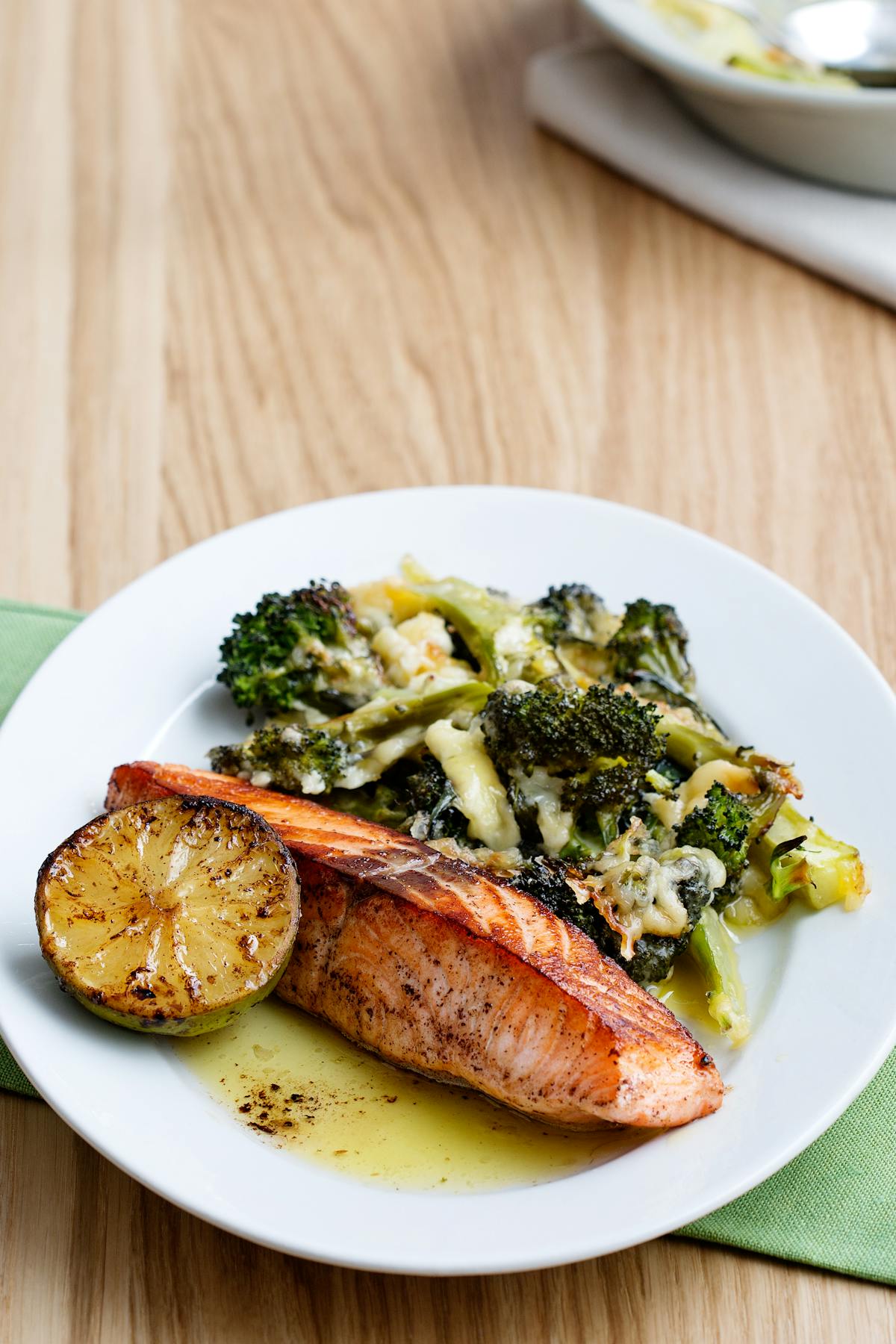 Keto fried salmon with broccoli and cheese