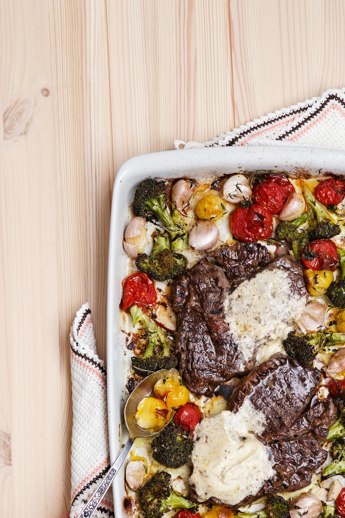 Keto ribeye steak with oven-roasted vegetables