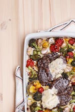 Keto ribeye steak with oven-roasted vegetables