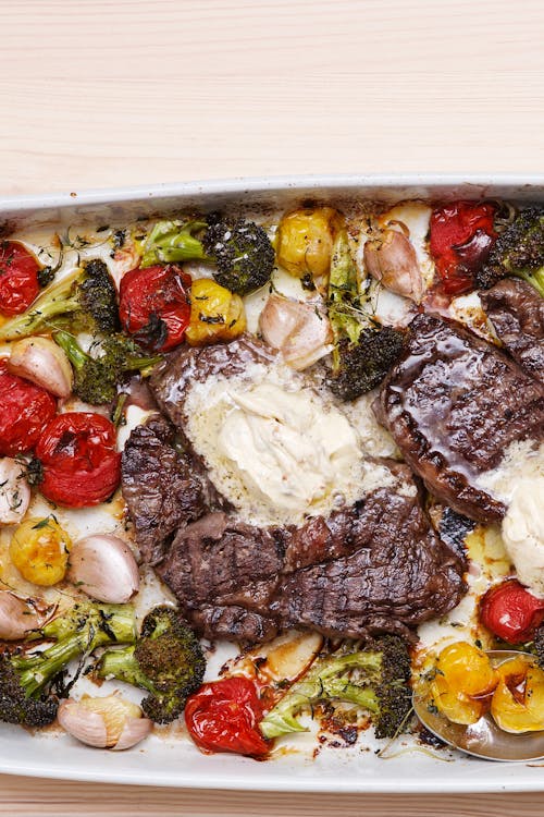 Keto ribeye steak with oven-roasted vegetables