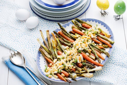 Roasted spring vegetables with eggs and browned butter