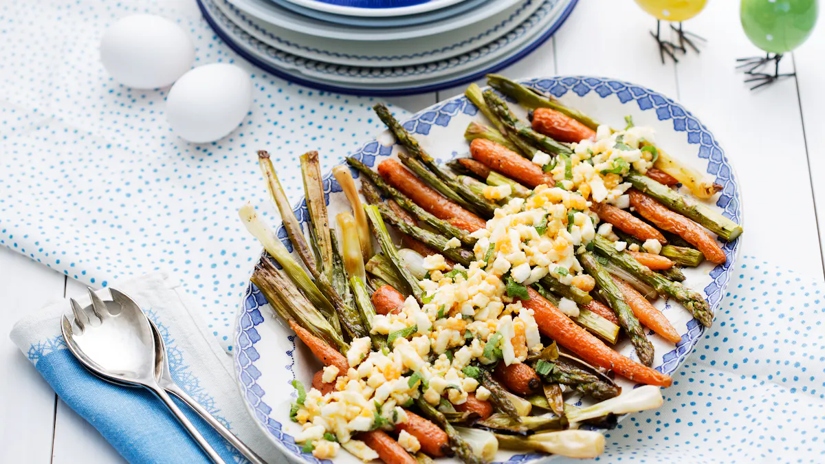 Roasted spring vegetables with eggs and browned butter