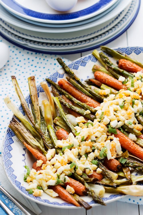 Roasted spring vegetables with eggs and browned butter