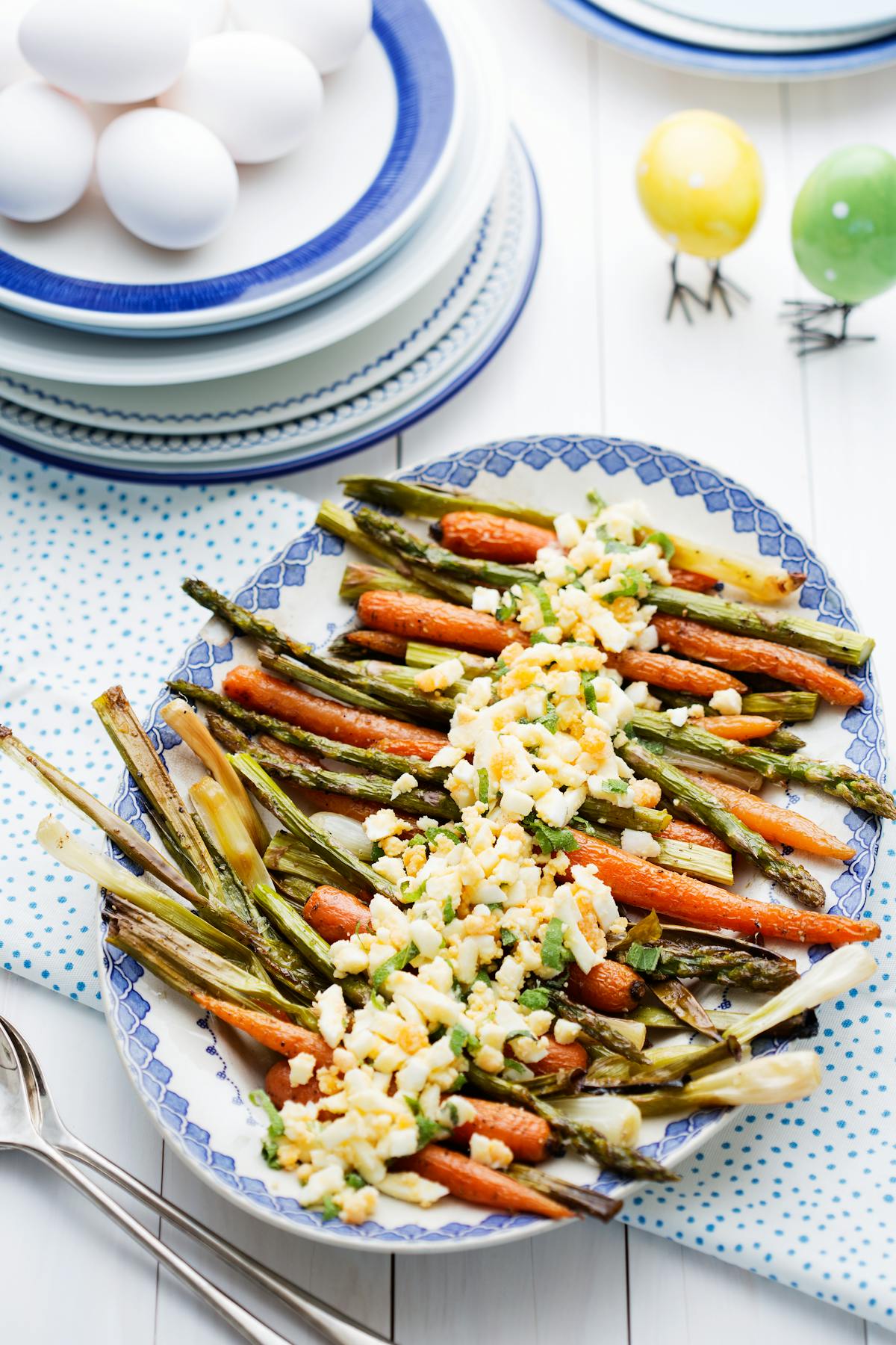 Roasted spring vegetables with eggs and browned butter