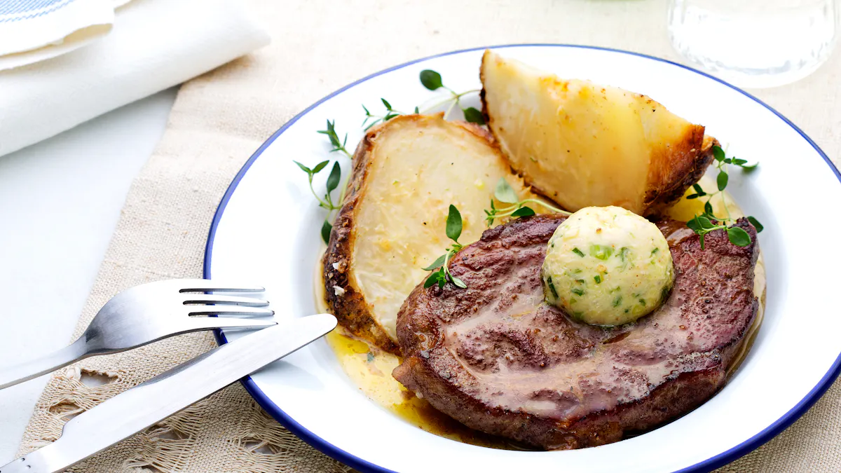 Pork chop with baked celery root