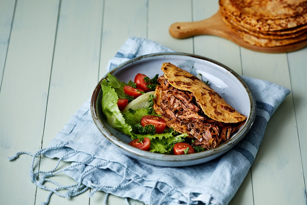 Pulled Indian beef with low carb roti bread