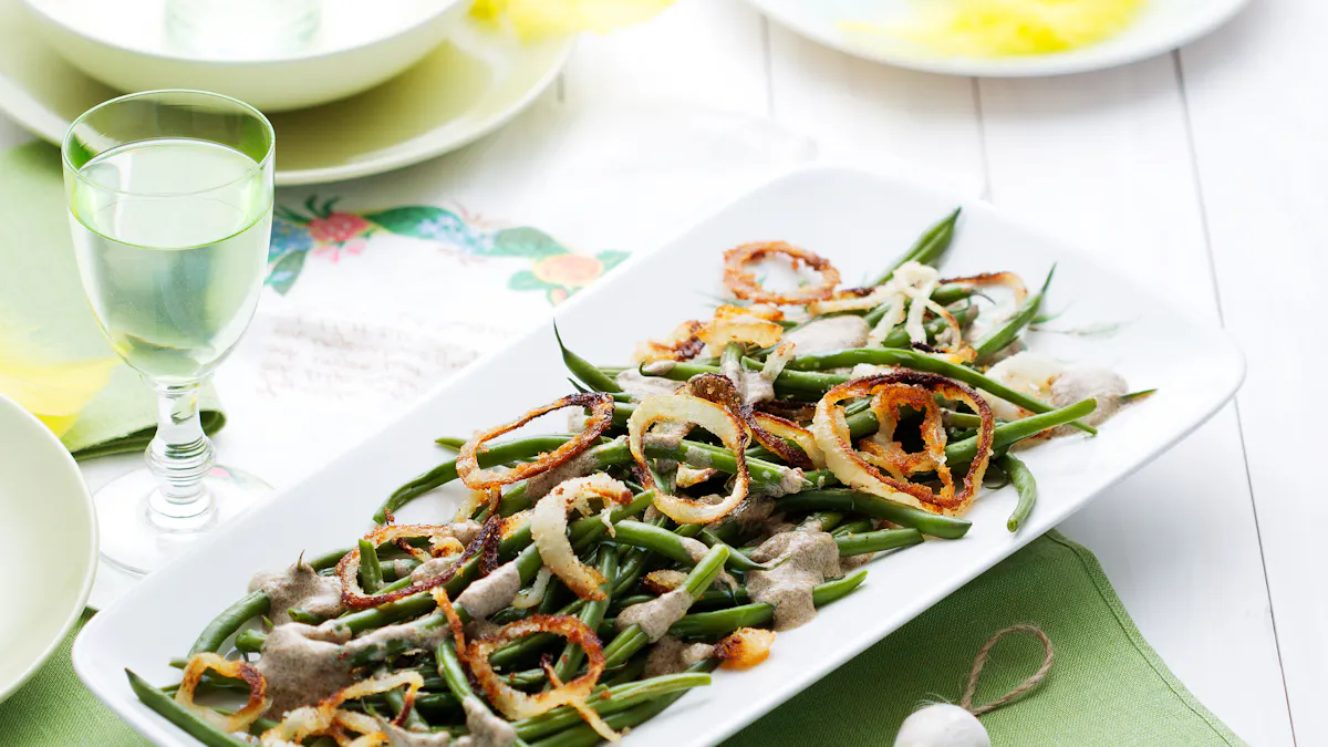 Green beans with roasted onions and cream of mushroom sauce