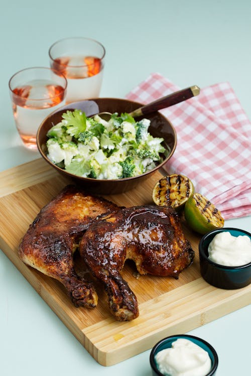 Slow-cooked chicken with broccoli salad
