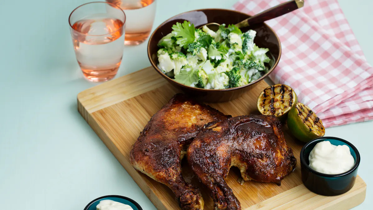 Slow-cooked chicken with broccoli salad