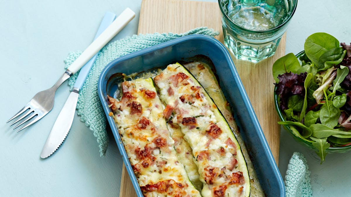 Smoked ham stuffed zucchini boats
