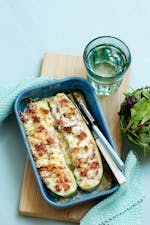 Smoked ham stuffed zucchini boats