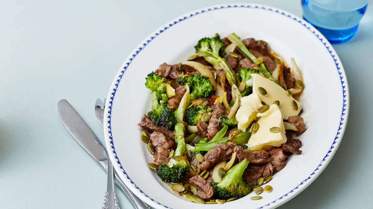 Steak and broccoli stir-fry with toasted pumpkin seeds