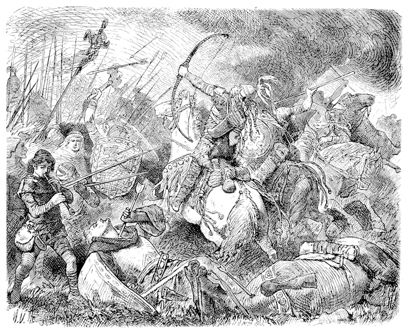 The Huns, under Attila, are defeated by the Visigoths and Romans, commanded by Aetius, at Chalons