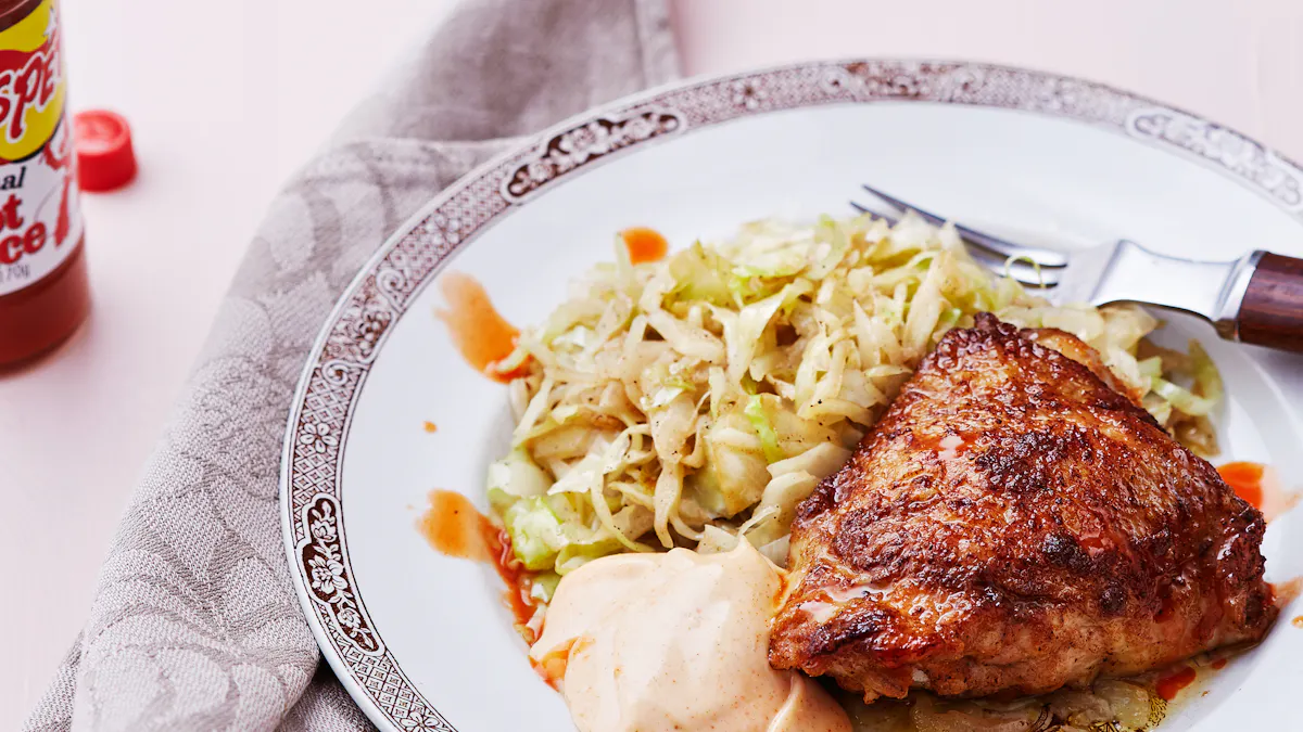 Keto Buffalo chicken with paprika mayo and butter-fried cabbage