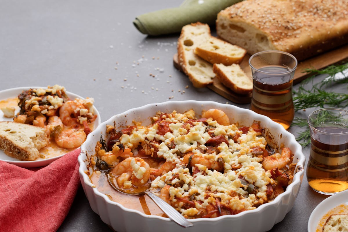 Turkish baked shrimp with sesame bread