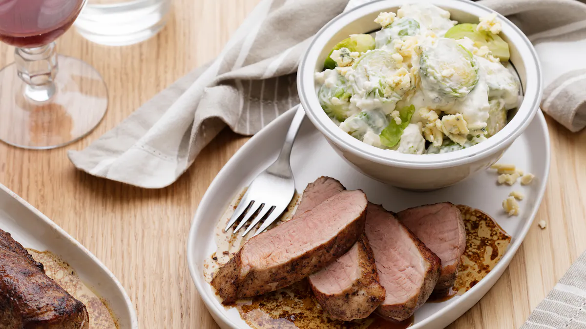 Pork loin roast with blue cheese sprouts
