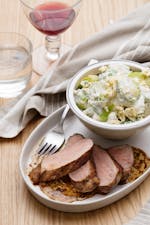 Pork loin roast with blue cheese sprouts