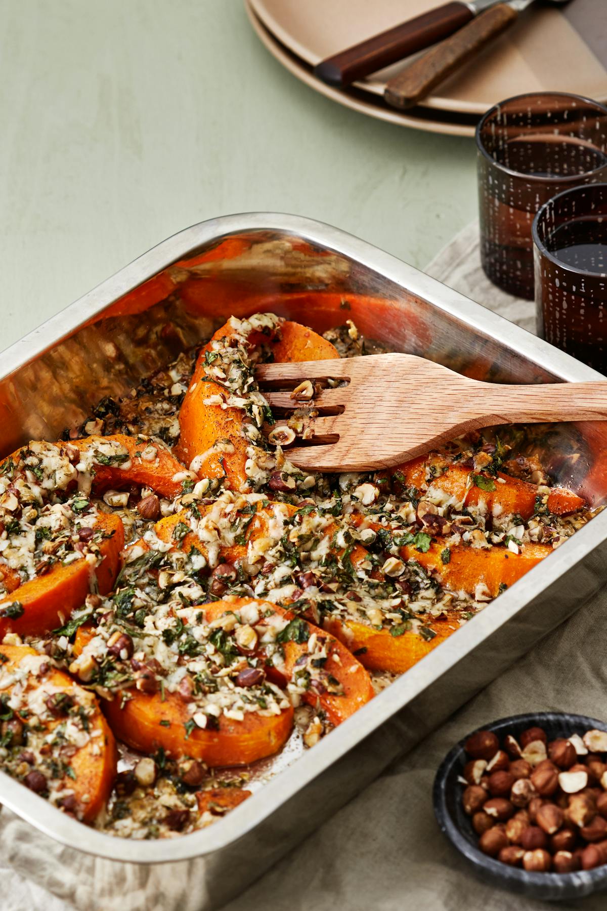 Roasted pumpkin with nuts and manchego cheese