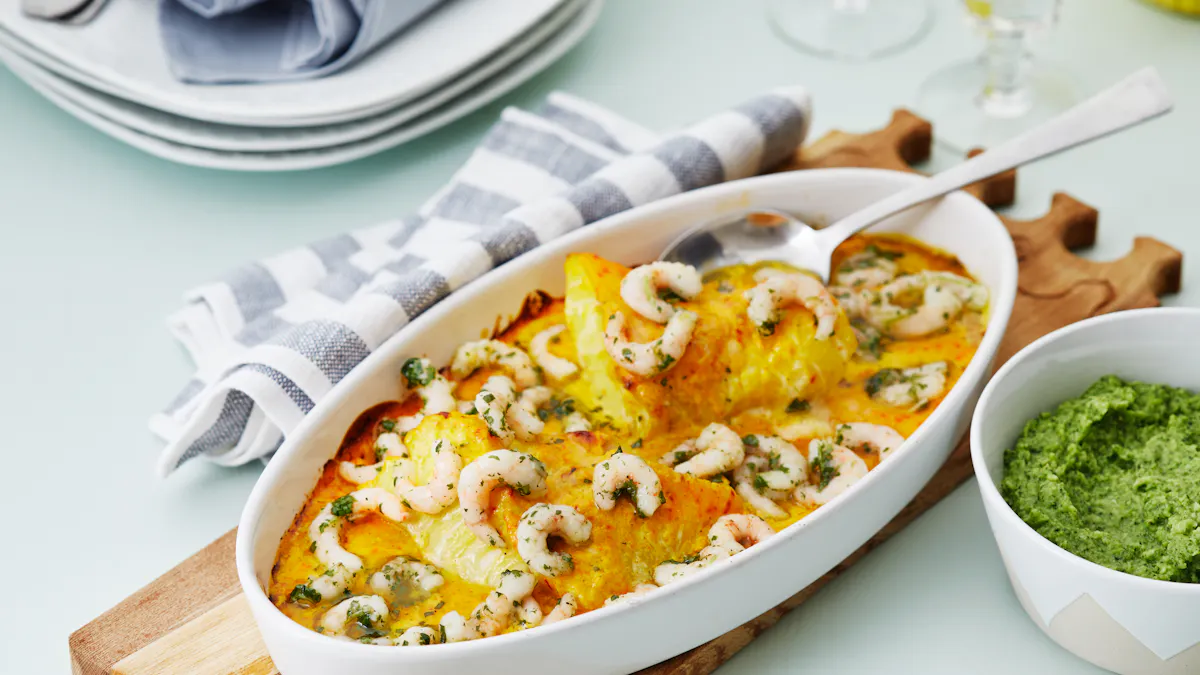 Creamy fish and shrimp casserole with saffron