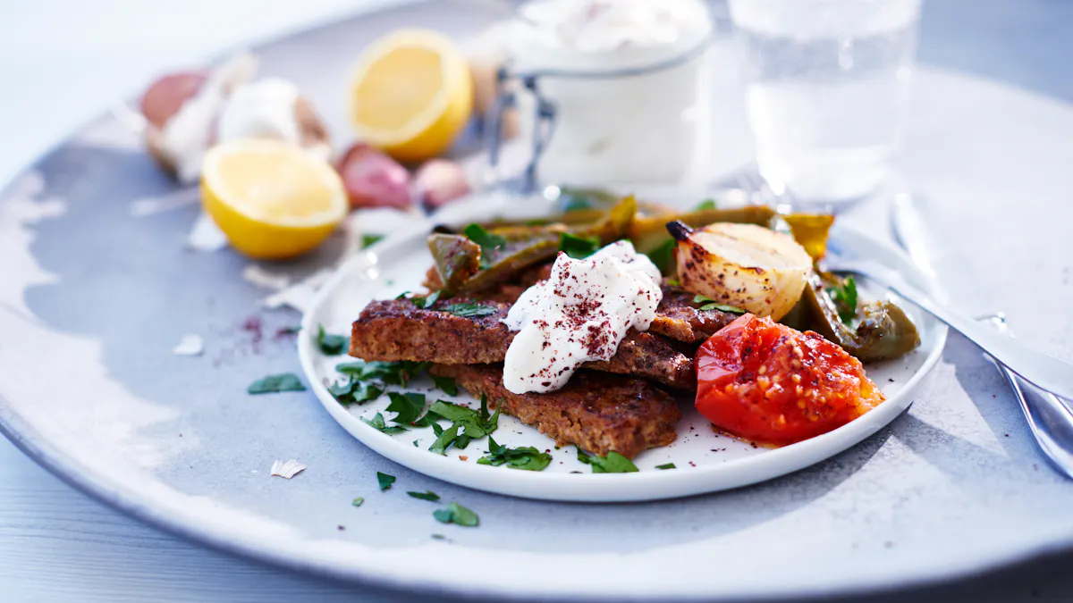 Keto shish kebab with garlic cream and roasted vegetables