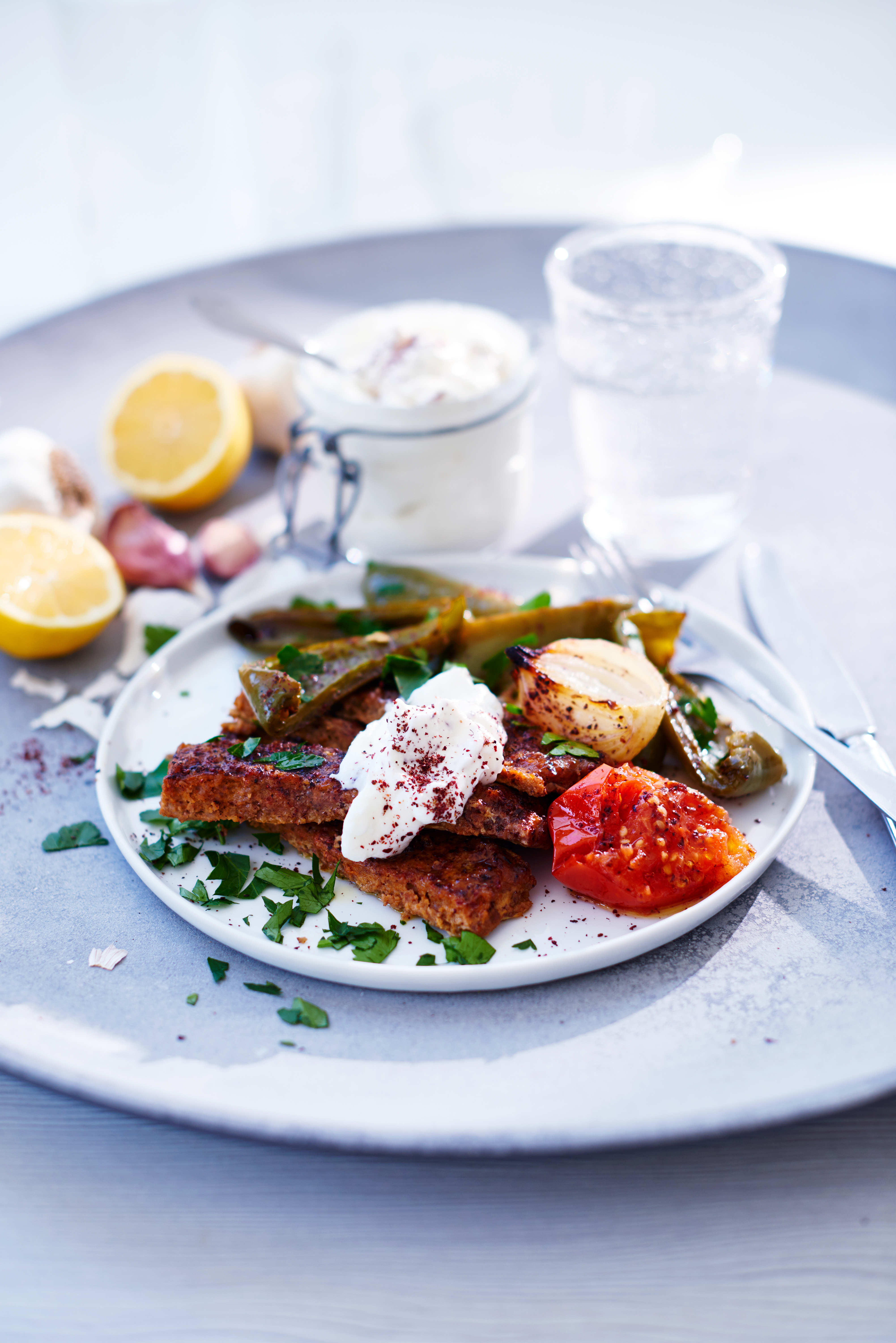 Keto shish kebab with garlic cream and roasted vegetables