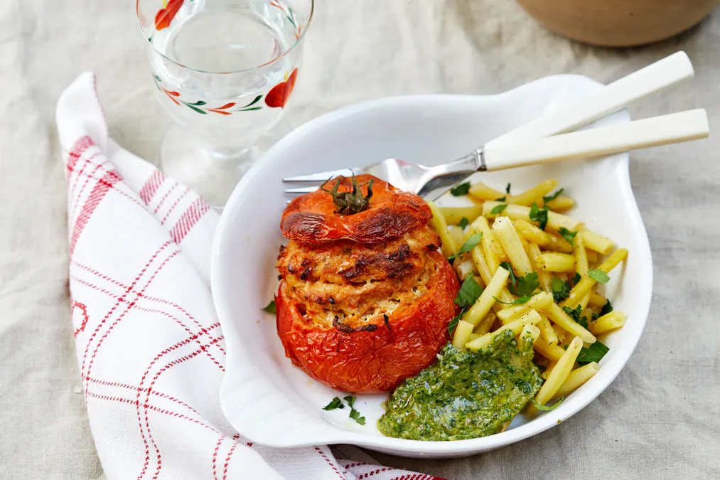 Stuffed tomatoes with salsa verde