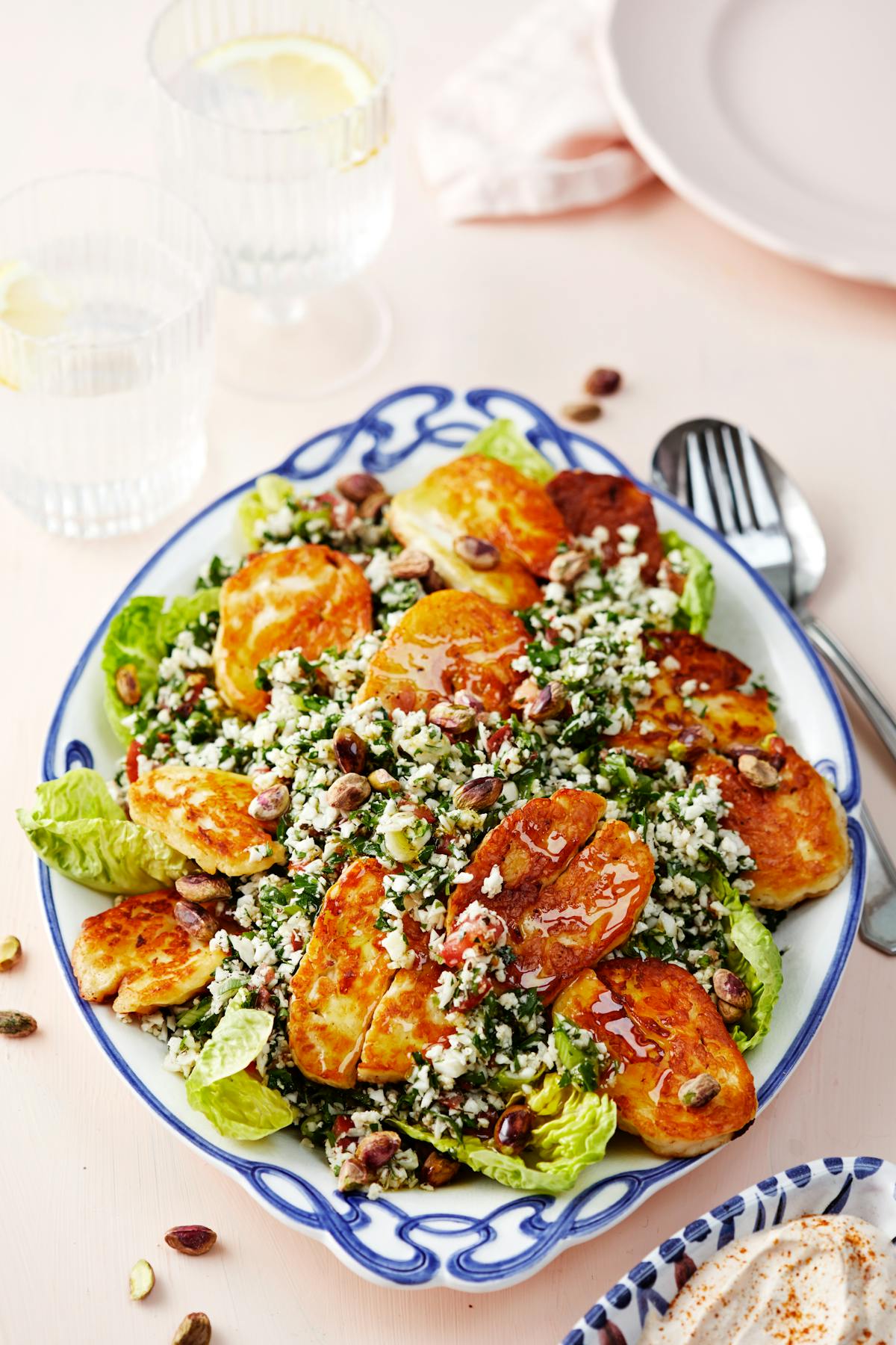 Low carb cauliflower tabbouleh with halloumi cheese