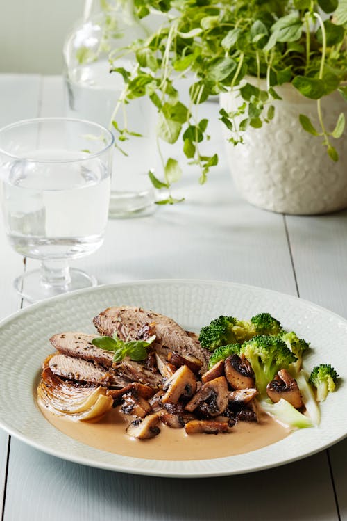 Oven-roasted turkey thighs with mushroom sauce