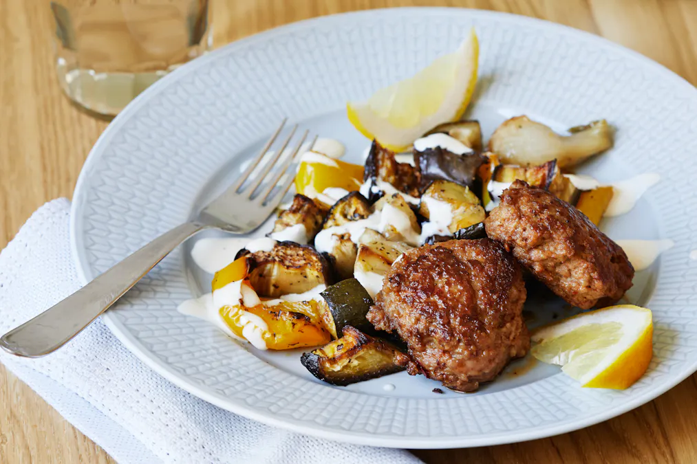 Hot turkey patties with tahini dressing