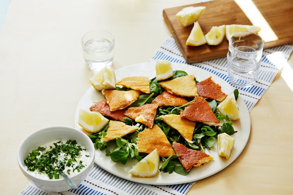 Saganaki cheese salad with mint dip