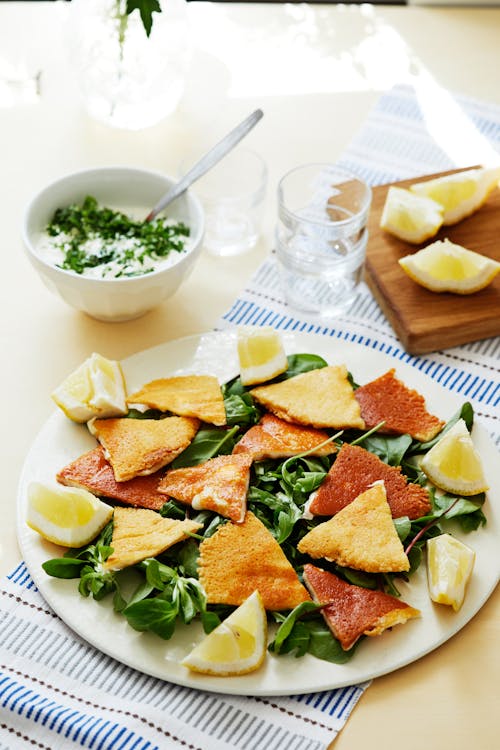 Saganaki cheese salad with mint dip