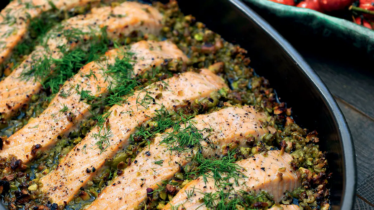 Salmon with olive-pistachio tapenade and tomatoes