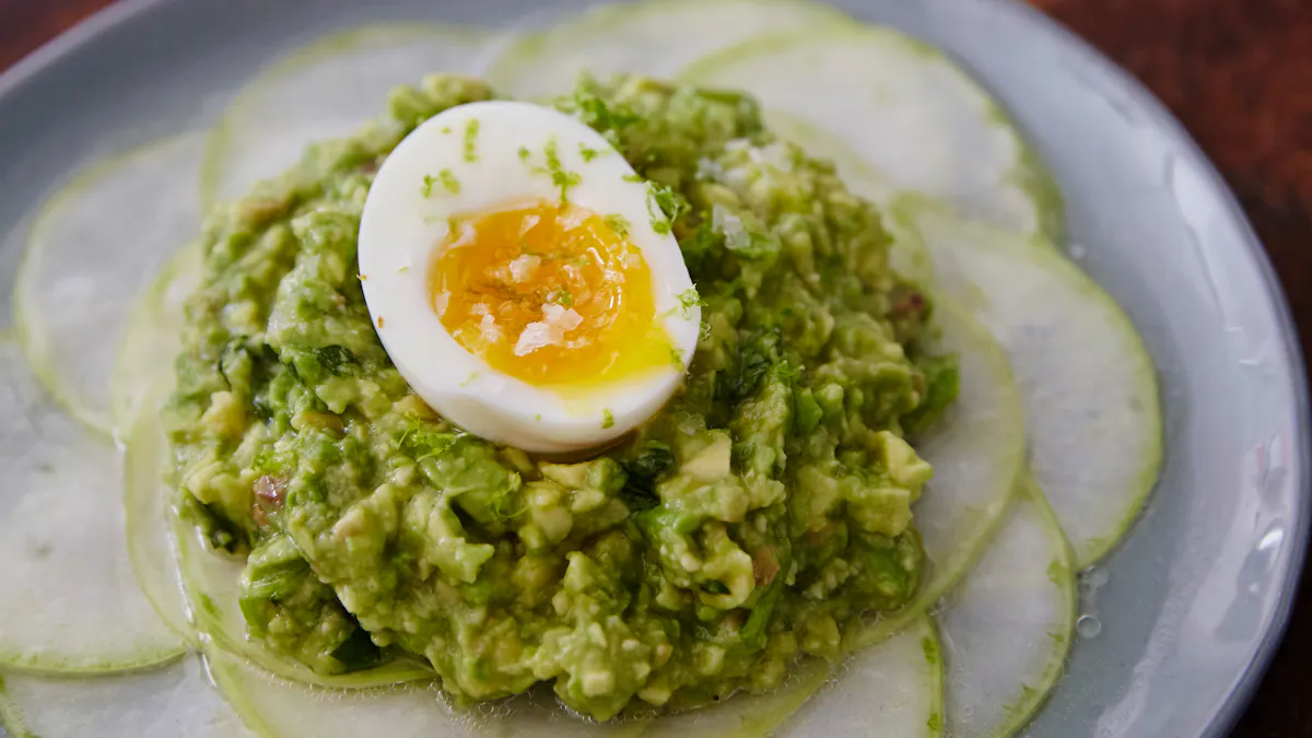 Shaved kohlrabi with smashed avocado, anchovies and soft-boiled eggs