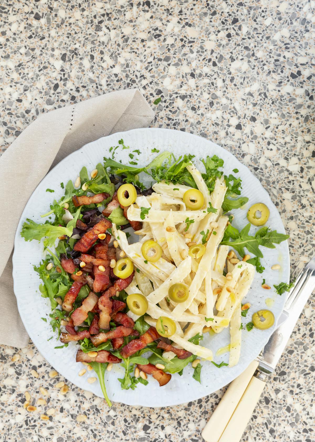 Celery root salad with crispy bacon