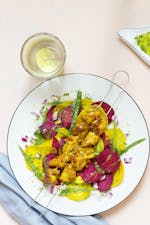 Yogurt chicken kebabs with beet carpaccio