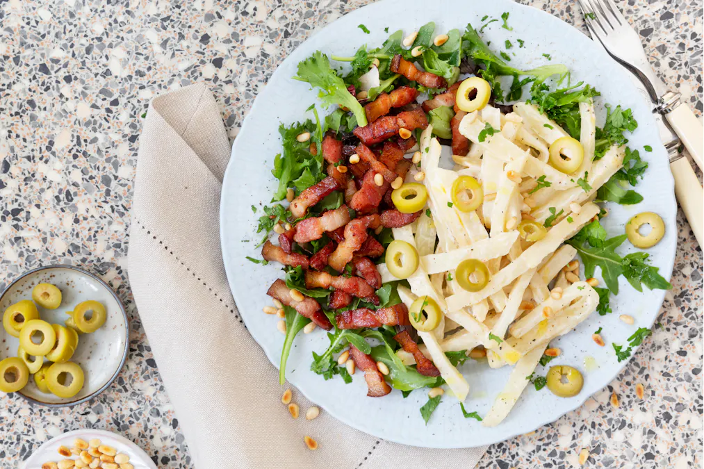 Celery root salad with crispy bacon