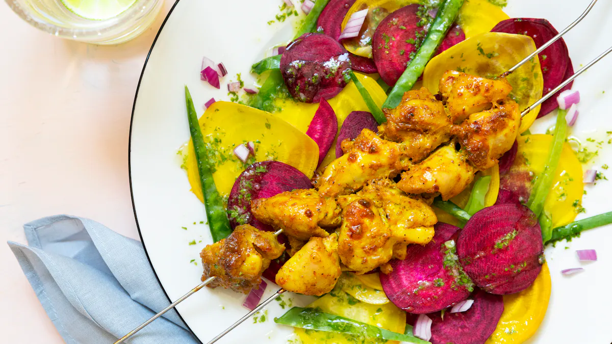 Yogurt chicken kebabs with beet carpaccio